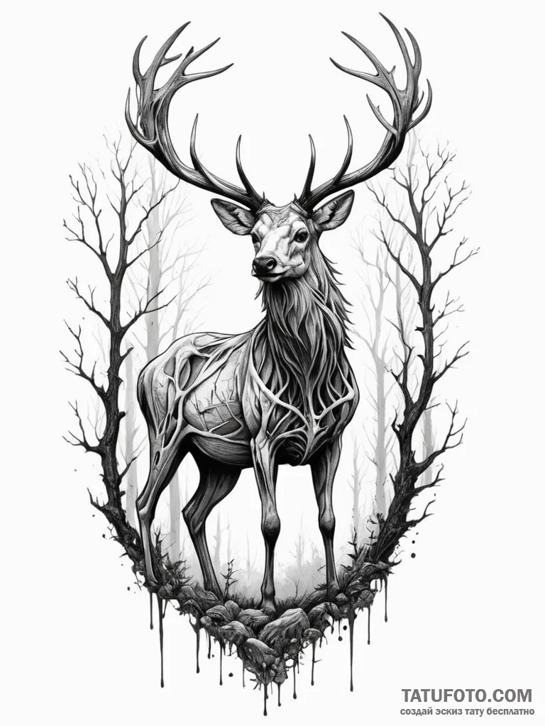 Ashen stag standing in skeletal forest, tatto... - эскиз тату (№1751347729_0, 01.07.2025 05:28) — Tatufoto.com