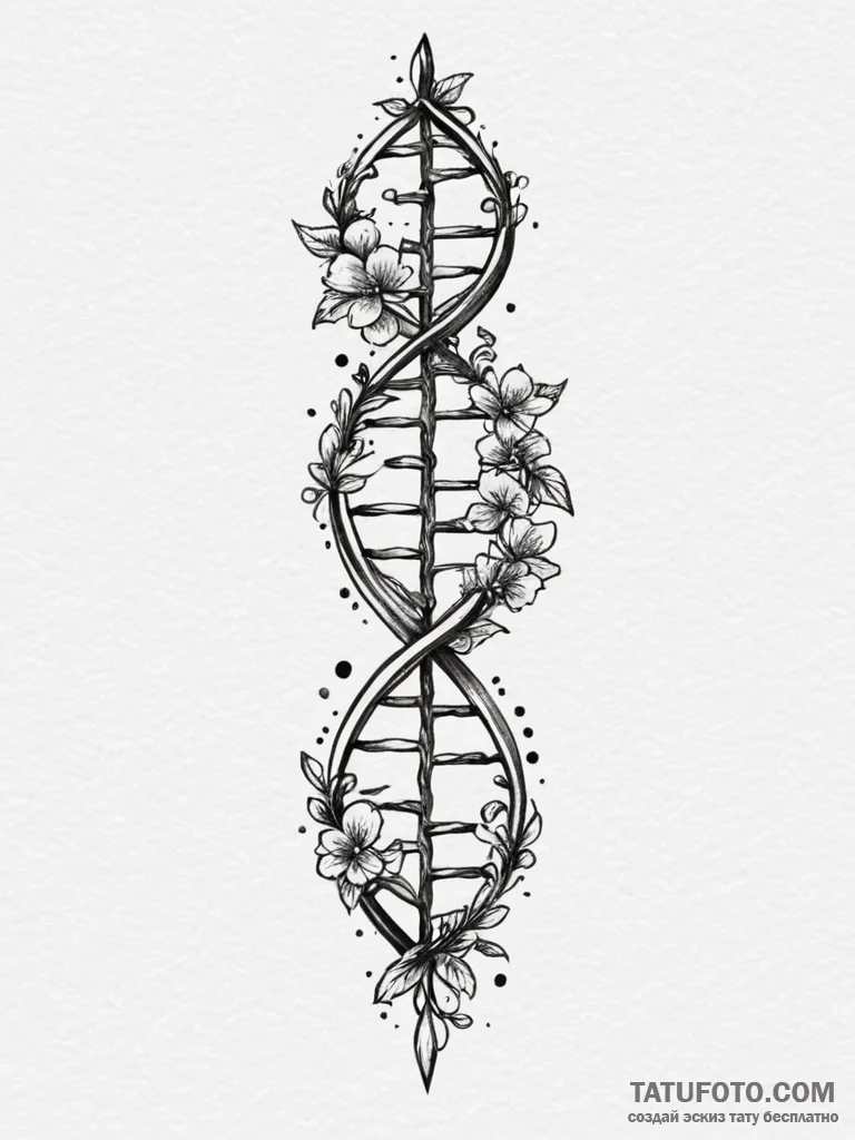 Dna helix intertwined with a floral vine, tat... - эскиз тату (№1751348689_0, 01.07.2025 05:44) — Tatufoto.com