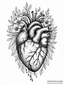 Anatomical heart with vines and flowers, tatt... - эскиз тату (№1751348766_0, 01.07.2025 05:46) — Tatufoto.com