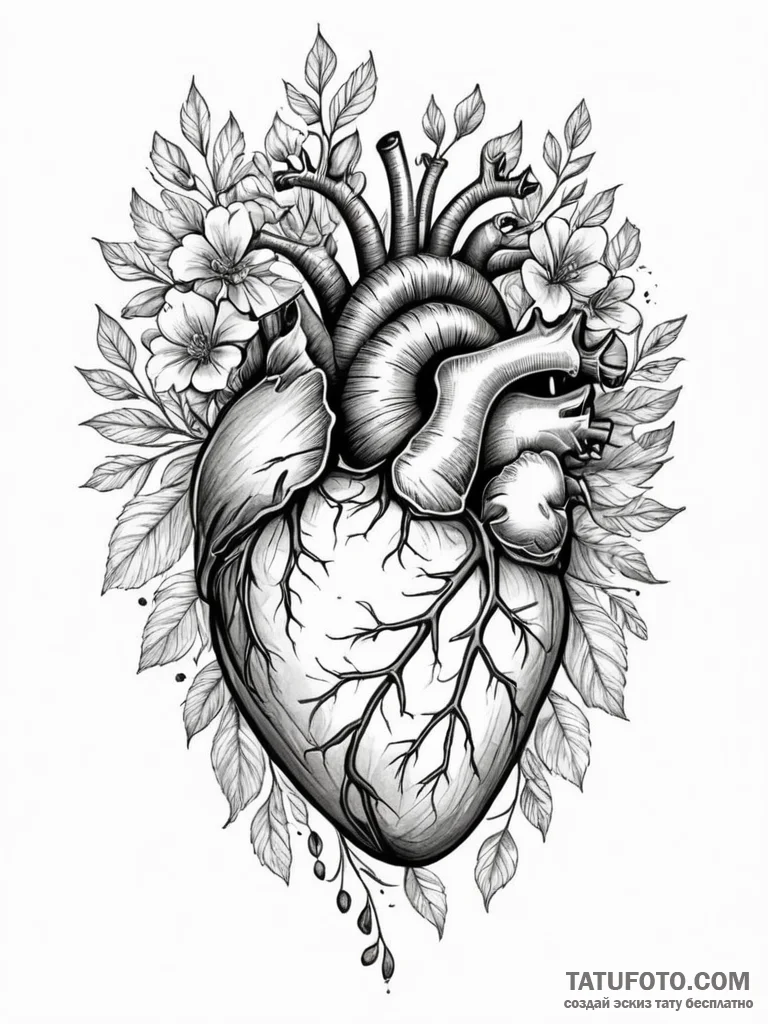 Anatomical heart with vines and flowers, tatt... - эскиз тату (№1751348766_0, 01.07.2025 05:46) — Tatufoto.com