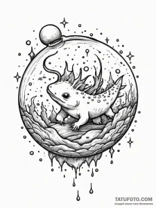 Axolotl swimming through a bubble of stars, t... - эскиз тату (№1751349525_0, 01.07.2025 05:58) — Tatufoto.com