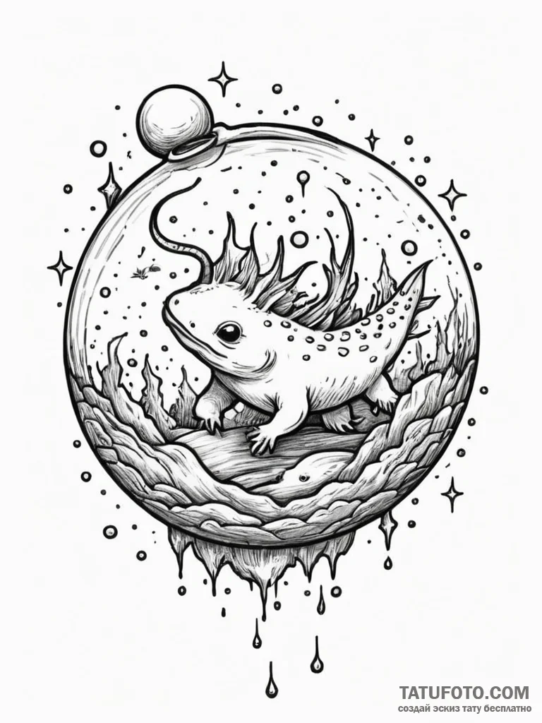 Axolotl swimming through a bubble of stars, t... - эскиз тату (№1751349525_0, 01.07.2025 05:58) — Tatufoto.com