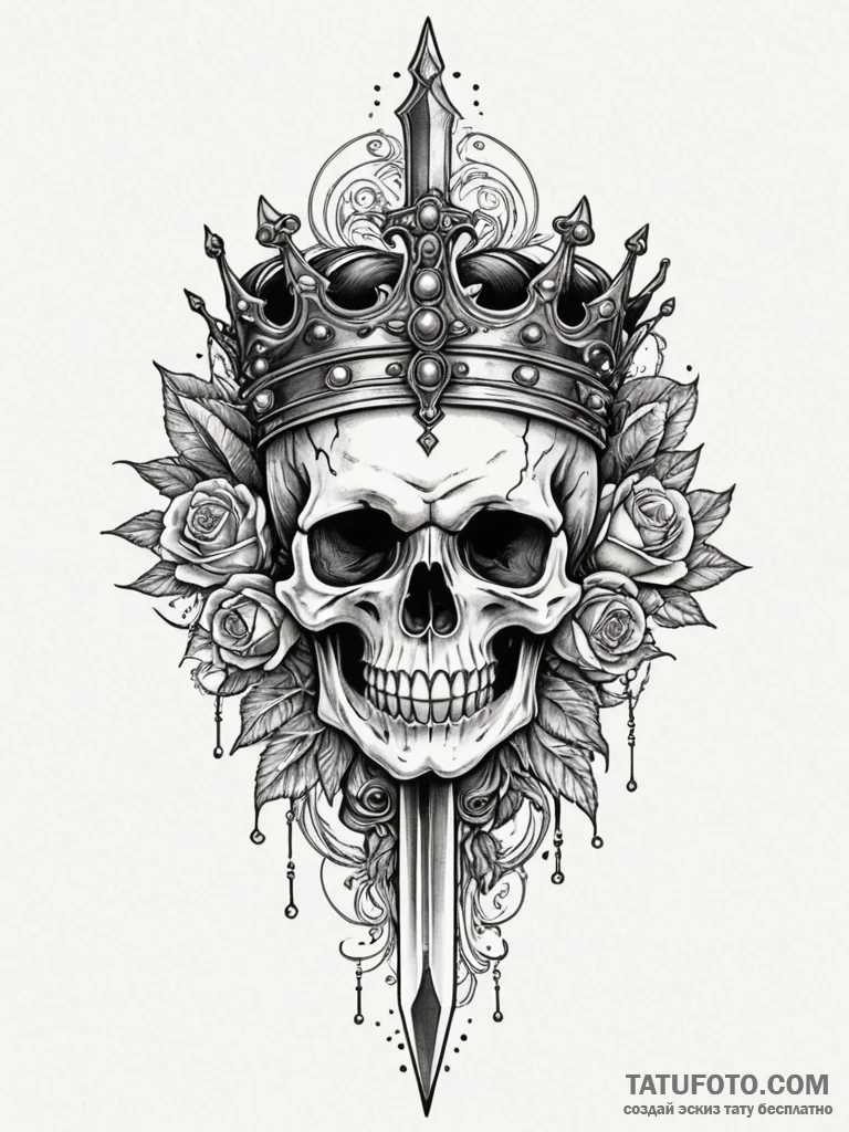 Dagger through crowned skull, artistic tattoo... - эскиз тату (№1751349946_0, 01.07.2025 06:05) — Tatufoto.com