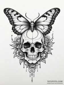 Black moth resting on skull, tattoo sketch de... - эскиз тату (№1751350826_0, 01.07.2025 06:20) — Tatufoto.com