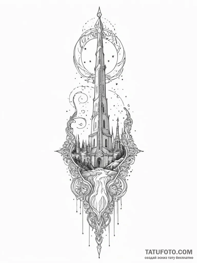 Jade blade beneath celestial spire, tattoo dr... - эскиз тату (№1751350891_0, 01.07.2025 06:21) — Tatufoto.com