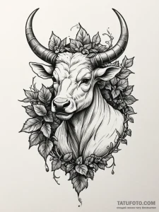 Minotaur horn crowned in ivy, tattoo line art... - эскиз тату (№1751351632_0, 01.07.2025 06:33) — Tatufoto.com