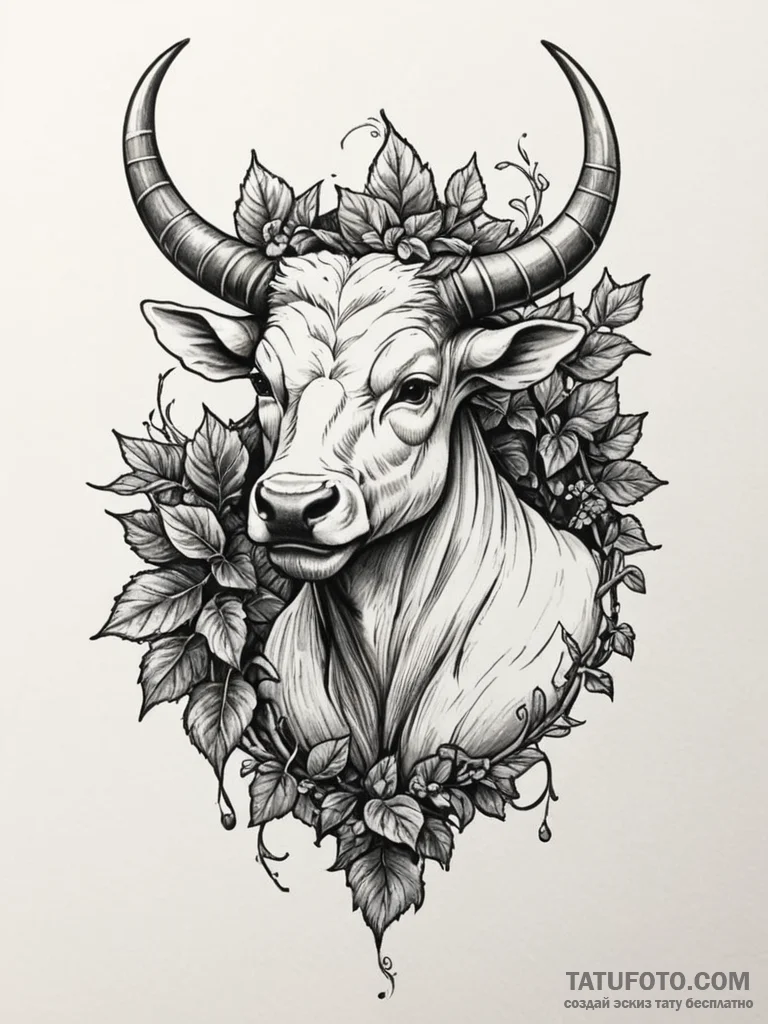 Minotaur horn crowned in ivy, tattoo line art... - эскиз тату (№1751351632_0, 01.07.2025 06:33) — Tatufoto.com