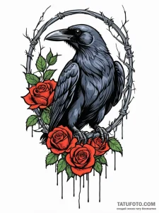 Raven perched on a barbed-wire fence, tattoo... - эскиз тату (№1751352247_0, 01.07.2025 06:44) — Tatufoto.com