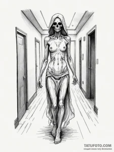 A ghostly apparition in a hallway, artistic t... - эскиз тату (№1751352739_0, 01.07.2025 06:52) — Tatufoto.com