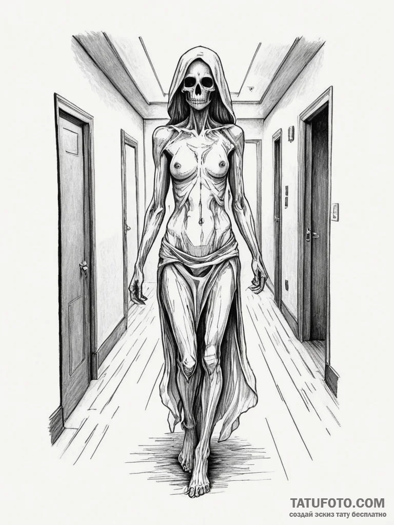 A ghostly apparition in a hallway, artistic t... - эскиз тату (№1751352739_0, 01.07.2025 06:52) — Tatufoto.com