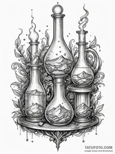 An alchemist's laboratory, bubbling beakers a... - эскиз тату (№1751353295_0, 01.07.2025 07:01) — Tatufoto.com