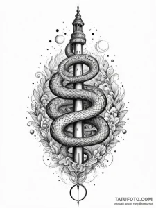 Hallowed serpent beneath celestial spire, art... - эскиз тату (№1751354114_0, 01.07.2025 07:15) — Tatufoto.com
