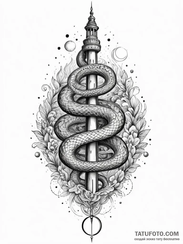 Hallowed serpent beneath celestial spire, art... - эскиз тату (№1751354114_0, 01.07.2025 07:15) — Tatufoto.com