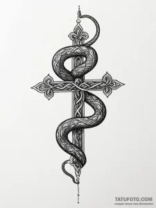 Inverted cross with a snake coiled around it,... - эскиз тату (№1751354252_0, 01.07.2025 07:17) — Tatufoto.com