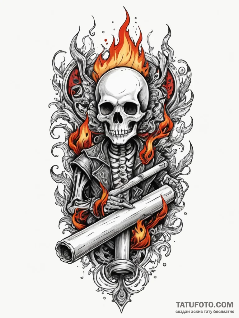 Bone figure holding burning scroll, tattoo fl... - эскиз тату (№1751354514_0, 01.07.2025 07:21) — Tatufoto.com