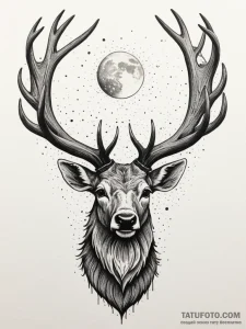 Moonlit stag with thorned antlers, ink illust... - эскиз тату (№1751355320_0, 01.07.2025 07:35) — Tatufoto.com