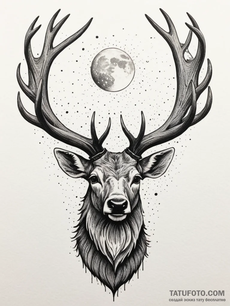Moonlit stag with thorned antlers, ink illust... - эскиз тату (№1751355320_0, 01.07.2025 07:35) — Tatufoto.com