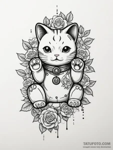 Maneki-neko (lucky cat) with a robotic, wavin... - эскиз тату (№1751356141_0, 01.07.2025 07:49) — Tatufoto.com