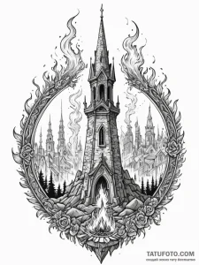 Ritual circle beneath burning spire, concept... - эскиз тату (№1751356783_0, 01.07.2025 07:59) — Tatufoto.com