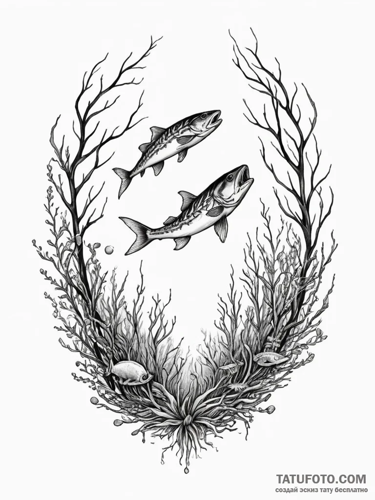 Kelp forest with skeletal fish, artistic tatt... - эскиз тату (№1751357260_0, 01.07.2025 08:07) — Tatufoto.com