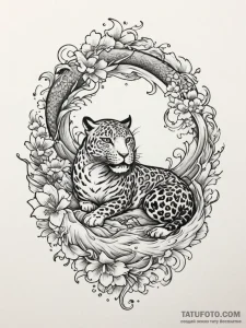 Leopard resting beneath crimson sky, tattoo s... - эскиз тату (№1751358522_0, 01.07.2025 08:28) — Tatufoto.com