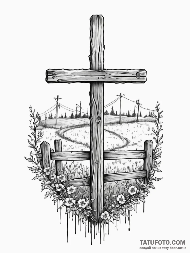 A detailed broken fence, boundary,, ink illus... - эскиз тату (№1751406303_0, 01.07.2025 21:45) — Tatufoto.com