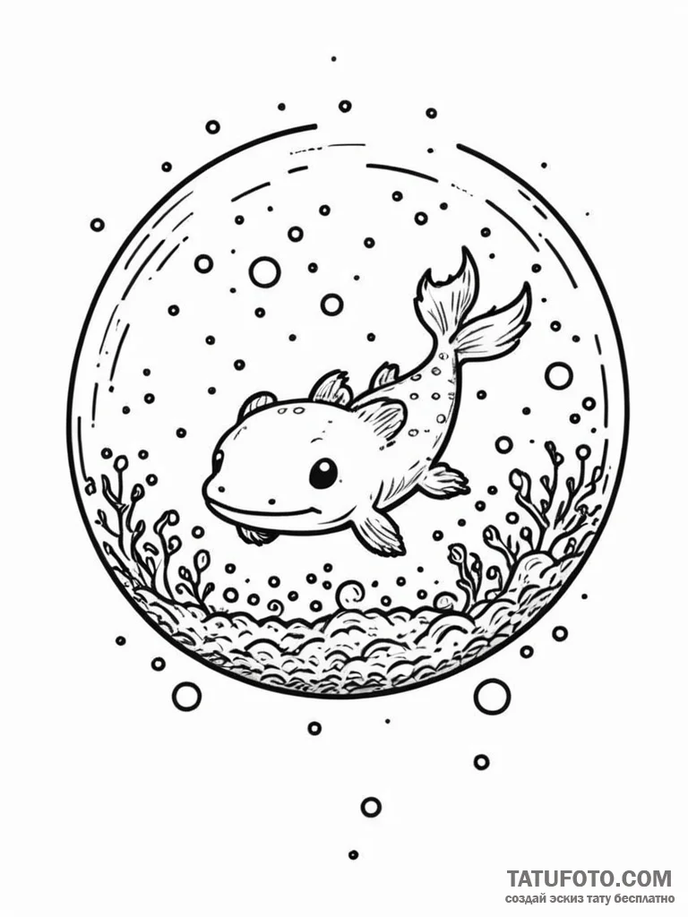 Axolotl swimming through a bubble of stars, i... - эскиз тату (№1751406642_0, 01.07.2025 21:50) — Tatufoto.com