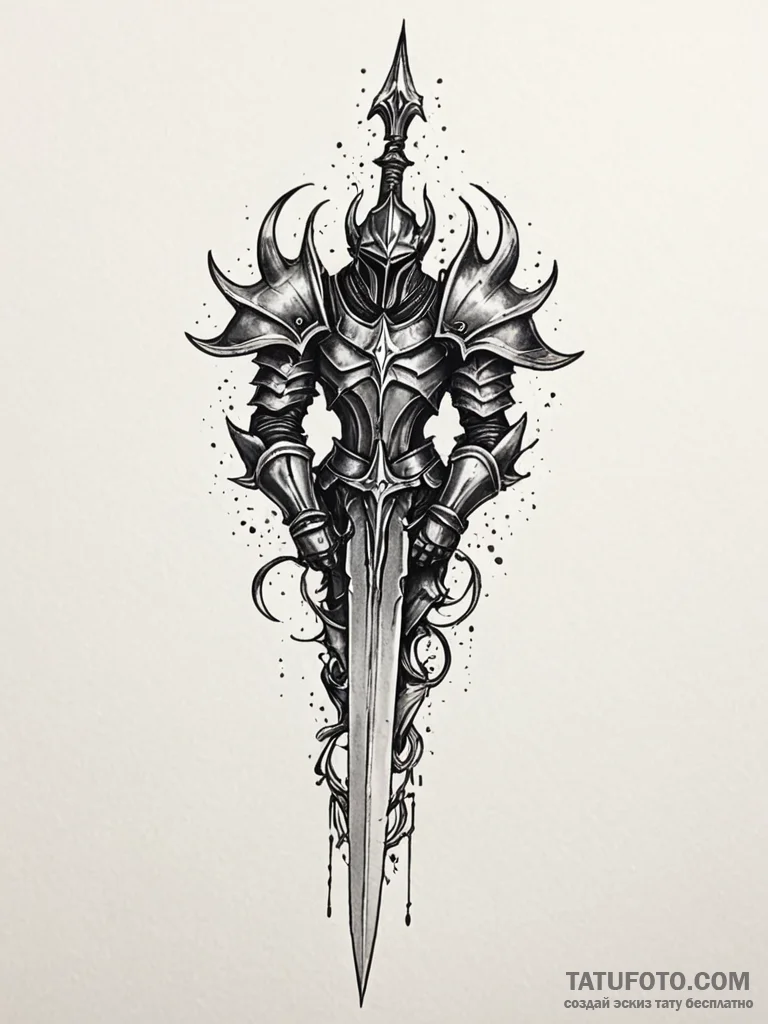 Abyssal knight with jagged blade, tattoo line... - эскиз тату (№1751407211_0, 01.07.2025 22:00) — Tatufoto.com