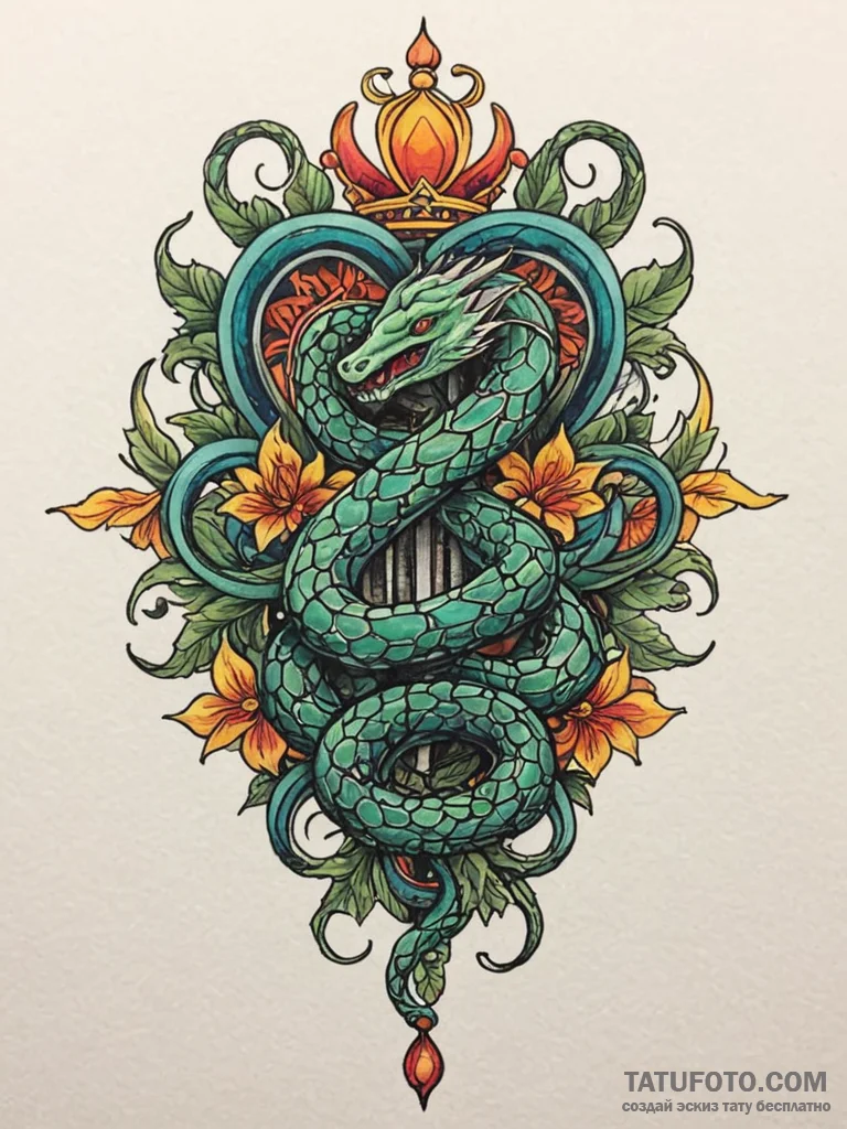 Kaleidoscope serpent consuming crown, tattoo... - эскиз тату (№1751407412_0, 01.07.2025 22:03) — Tatufoto.com