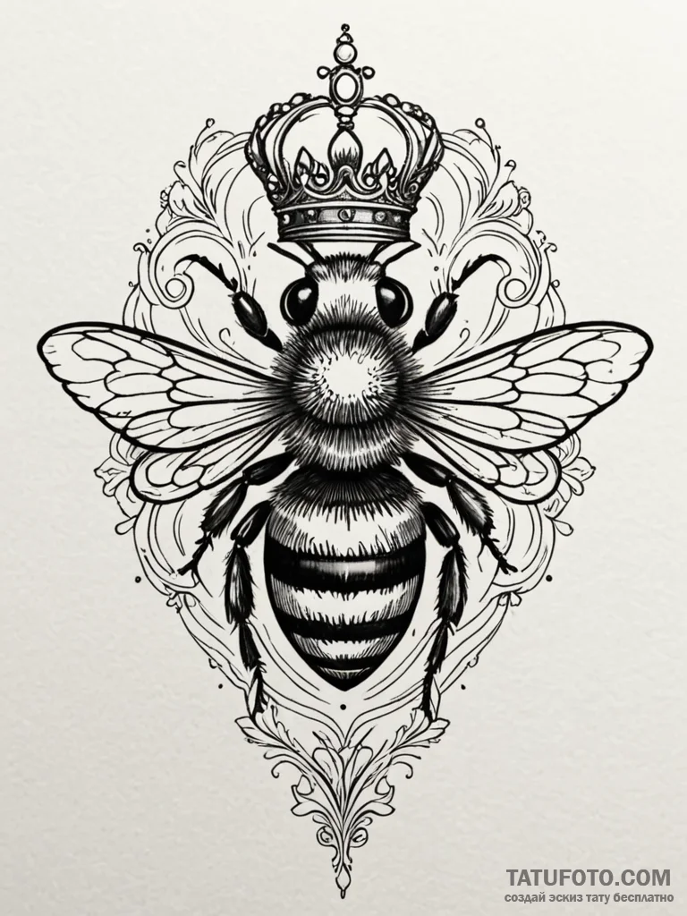 Queen bee with a delicate, filigree crown, ta... - эскиз тату (№1751407630_0, 01.07.2025 22:07) — Tatufoto.com
