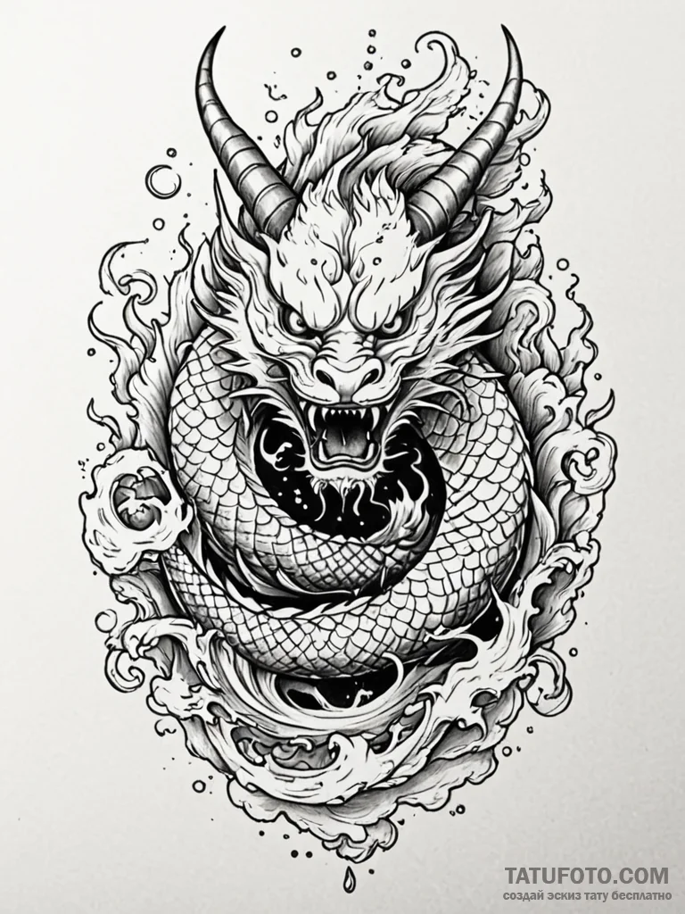 Horned relic devouring celestial flame, tatto... - эскиз тату (№1751407694_0, 01.07.2025 22:08) — Tatufoto.com