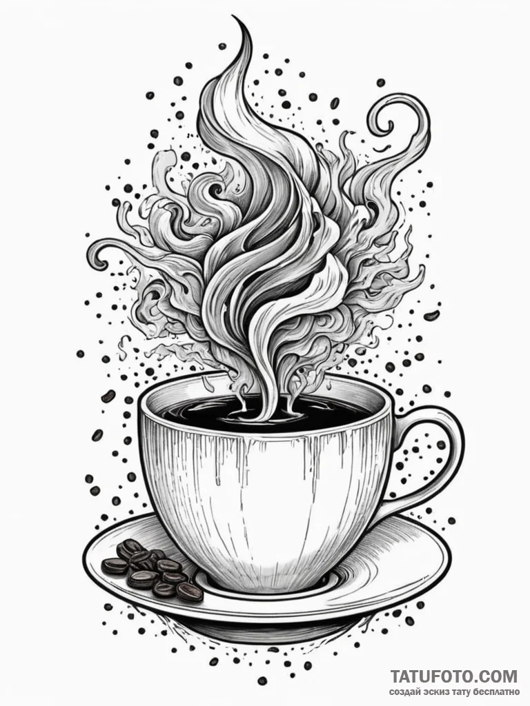 Coffee cup with steam rising to form a ghost,... - эскиз тату (№1751408162_0, 01.07.2025 22:16) — Tatufoto.com