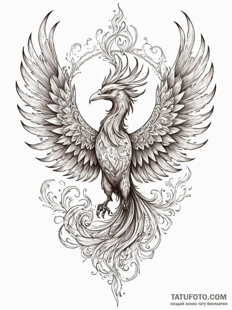 A powerful burning phoenix rising, rebirth,,... - эскиз тату (№1751408498_0, 01.07.2025 22:21) — Tatufoto.com
