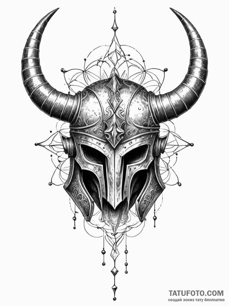 Ancient helm with broken horns, ink illustrat... - эскиз тату (№1751409056_0, 01.07.2025 22:30) — Tatufoto.com