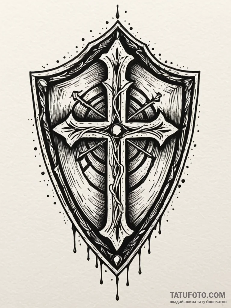 Damaged shield with scorched runes, ink illus... - эскиз тату (№1751409416_0, 01.07.2025 22:36) — Tatufoto.com