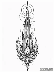 Sacred flame beneath celestial spire, ink ill... - эскиз тату (№1751411014_0, 01.07.2025 23:03) — Tatufoto.com