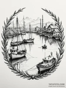 Harbor scene with boats at anchor, representi... - эскиз тату (№1751412885_0, 01.07.2025 23:34) — Tatufoto.com