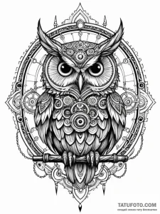Steampunk owl with gear-feathers, tattoo draw... - эскиз тату (№1751413726_0, 01.07.2025 23:48) — Tatufoto.com