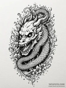 Coral serpent swimming through skull, tattoo... - эскиз тату (№1751415578_0, 02.07.2025 00:19) — Tatufoto.com
