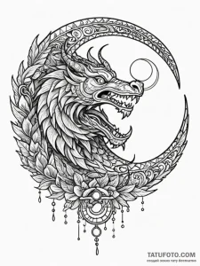 Feathered serpent encircling moon, tattoo fla... - эскиз тату (№1751417620_0, 02.07.2025 00:53) — Tatufoto.com