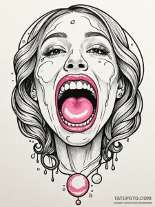 A whimsical bubble gum in mouth, playful,, ta... - эскиз тату (№1751418539_0, 02.07.2025 01:08) — Tatufoto.com