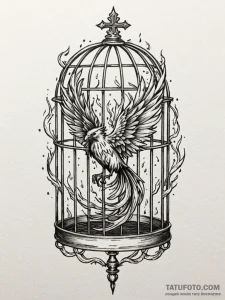 Burning phoenix trapped in cage, tattoo flash... - эскиз тату (№1751418606_0, 02.07.2025 01:10) — Tatufoto.com