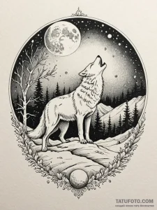 A majestic arctic wolf howling at a full moon... - эскиз тату (№1751420886_0, 02.07.2025 01:48) — Tatufoto.com