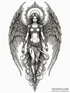 Angel warrior with tattered wings, tattoo lin... - эскиз тату (№1751422725_0, 02.07.2025 02:18) — Tatufoto.com