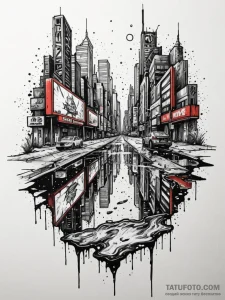 Gasoline rainbow puddle reflecting a cyberpun... - эскиз тату (№1751423061_0, 02.07.2025 02:24) — Tatufoto.com