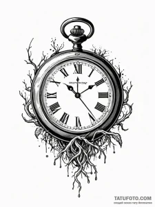 Broken pocket watch with roots growing throug... - эскиз тату (№1751423193_0, 02.07.2025 02:26) — Tatufoto.com