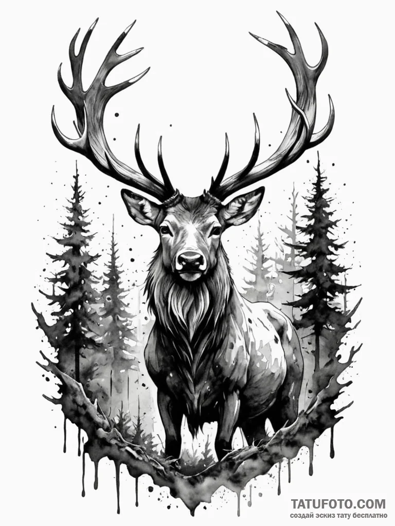 Abyssal stag in ruined forest, ink illustrati... - эскиз тату (№1751423794_0, 02.07.2025 02:36) — Tatufoto.com