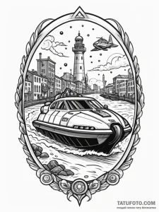 Hovercraft racing over a polluted, futuristic... - эскиз тату (№1751424345_0, 02.07.2025 02:45) — Tatufoto.com