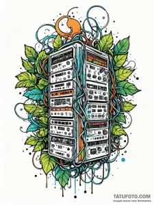 Server farm with cables like dense jungle vin... - эскиз тату (№1751425377_0, 02.07.2025 03:02) — Tatufoto.com
