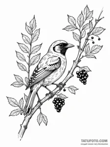 A whimsical bird on a branch with berries, fe... - эскиз тату (№1751425894_0, 02.07.2025 03:11) — Tatufoto.com